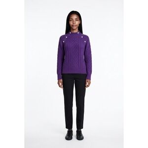 Talbots Purple Cable Knit Mock Neck Sweater Silver Crest Button Raglan Shoulder